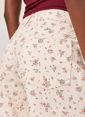 Calça Wide Leg Sarja Off-White Florzinhas