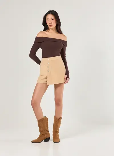 short saia veludo cotelê caqui