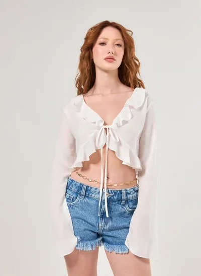 cropped manga longa chiffon babados