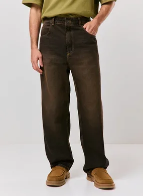 Calça Jeans Baggy Lavagem Vintage Marrom