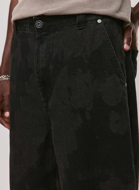 Calça Baggy Em Jeans Preto Estampado