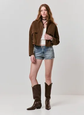 Short Jeans Cintura Baixa Botões Laterais