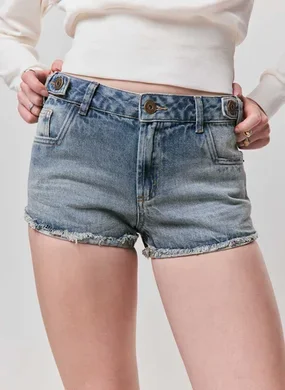 Short Jeans Cintura Baixa Botões Laterais