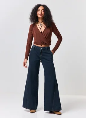 Calça Pantalona Cintura Baixa Jeans Circular