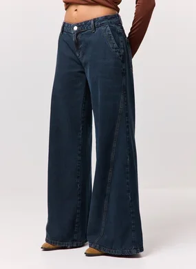 Calça Pantalona Cintura Baixa Jeans Circular