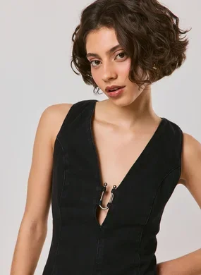Vestido Jeans Decote Profundo Com Fivela