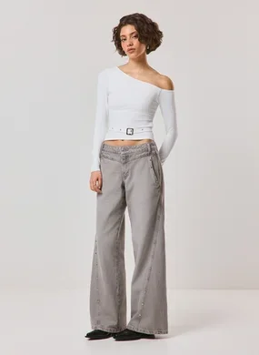 Calça Wide Leg Low Rise Studded