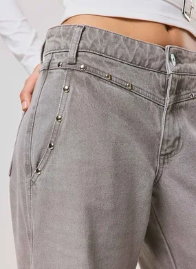 Calça Wide Leg Low Rise Studded