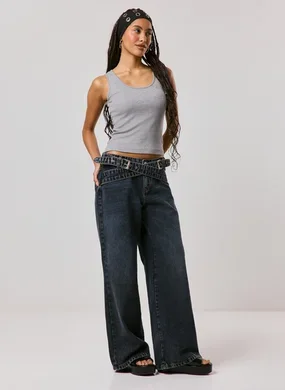 Calça Wide Leg Jeans Cós Transpassado