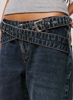 Calça Wide Leg Jeans Cós Transpassado