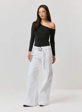 Calça Sarja Wide Leg Fivela Estrela
