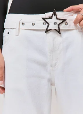 Calça Sarja Wide Leg Fivela Estrela