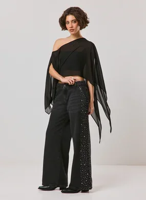 Calça Jeans Wide Leg Com Strass
