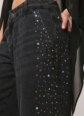 Calça Jeans Wide Leg Com Strass