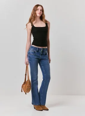 Calça Bootcut Cintura Baixa Jeans Escuro