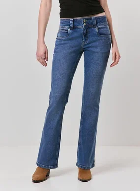 Calça Bootcut Cintura Baixa Jeans Escuro