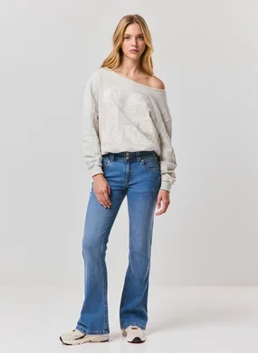 Calça Jeans Bootcut Cintura Baixa Bolsos