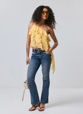 Calça Jeans Bootcut Cintura Baixa Bolsos
