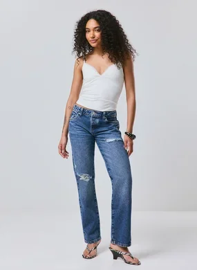 Calça Jeans Reta Com Puídos