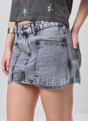Saia Jeans Cintura Baixa Bolsão
